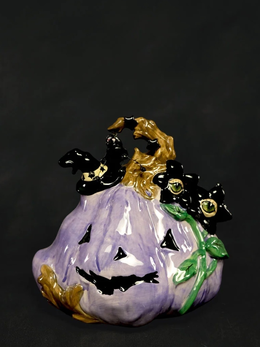 Blue Sky Lavender Ceramic Pumpkin with Black Cat Accents